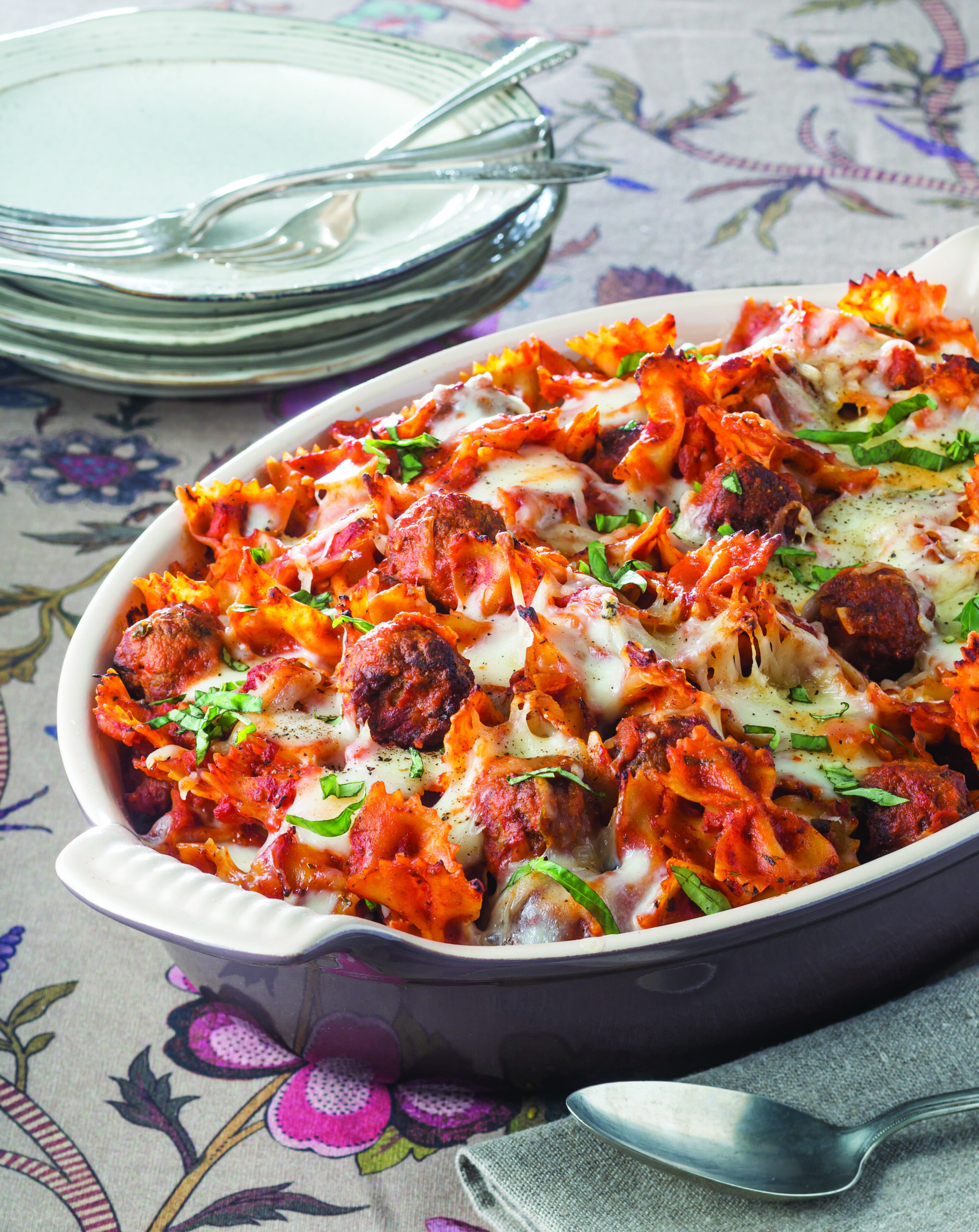 Meatball and Bowtie Pasta Casserole in a pan.