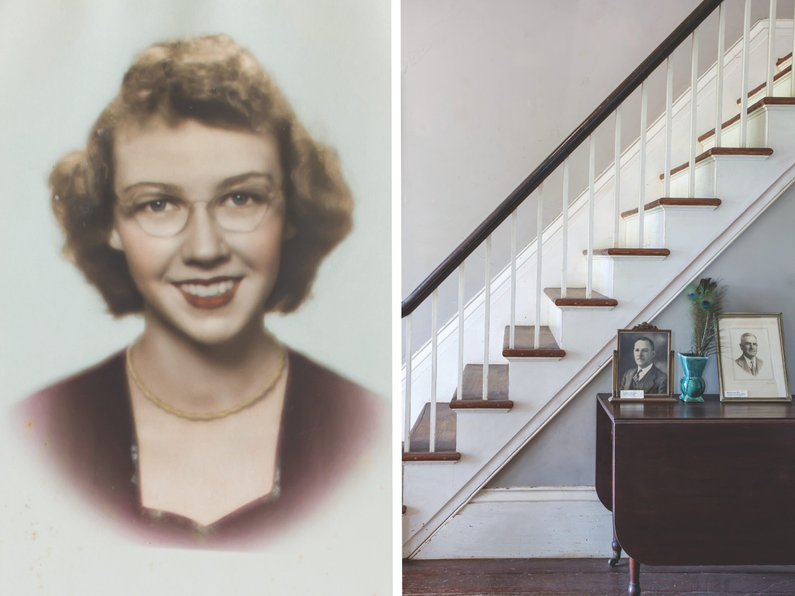 A photo of Flannery O'Connor and the stairwell in her house Andalusia.
