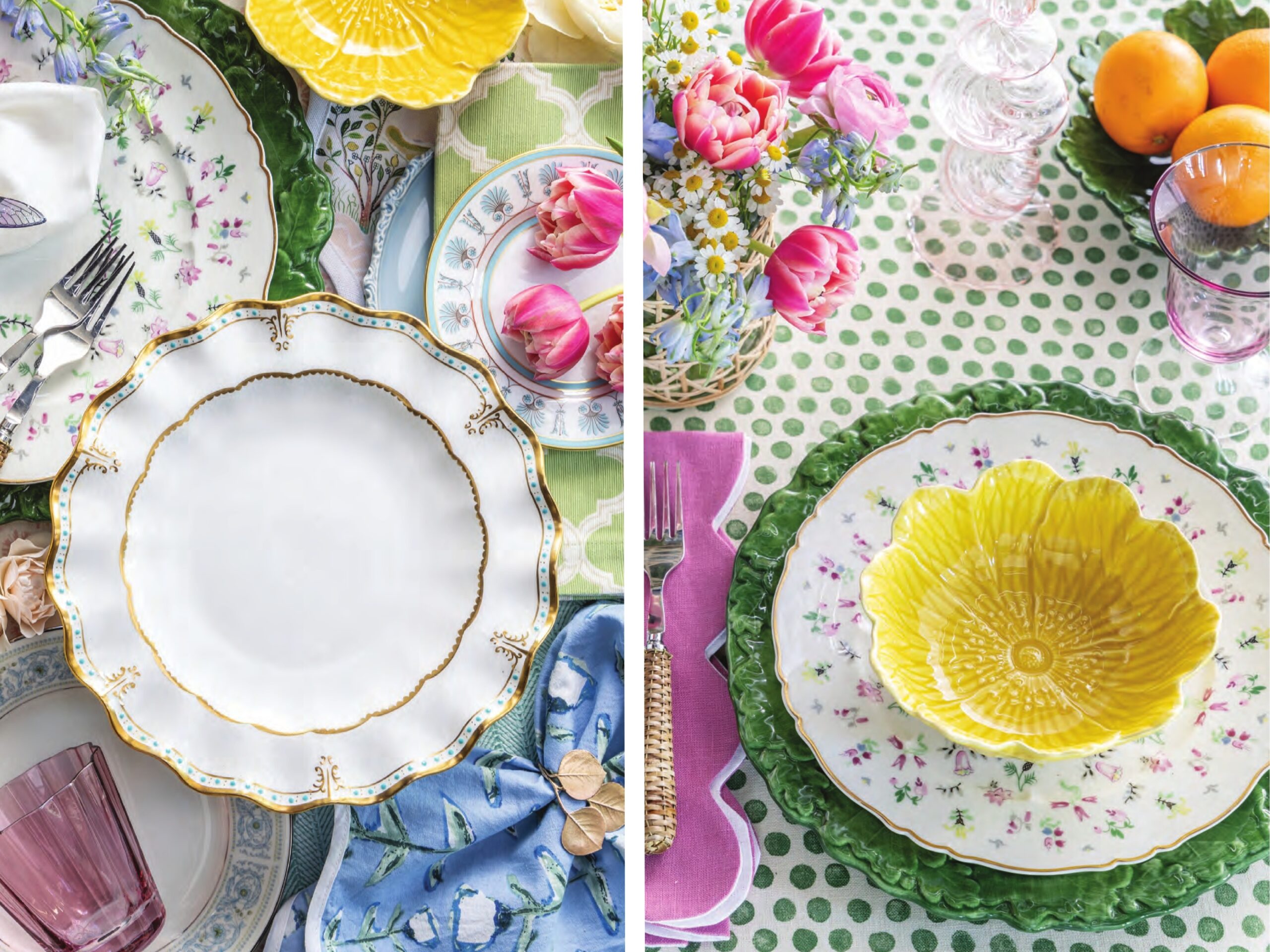 China plates with floral motifs, and a spring place setting with a green polka dot tablecloth, floral dishware, and a yellow bowl near a tulip arrangement.