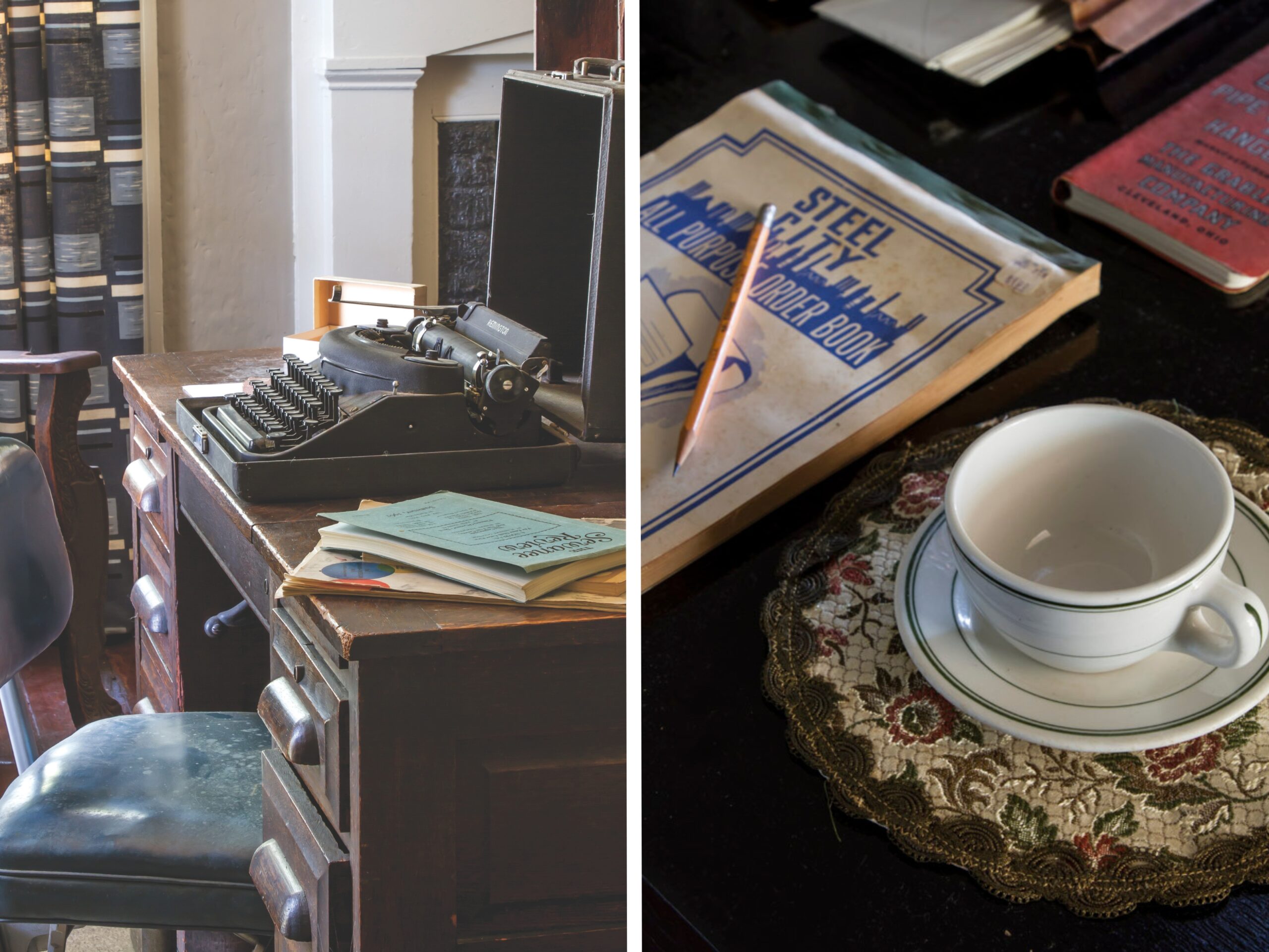 Flannery O'Connor's writing desk and a cup of tea with a notebook sitting upon the desk.