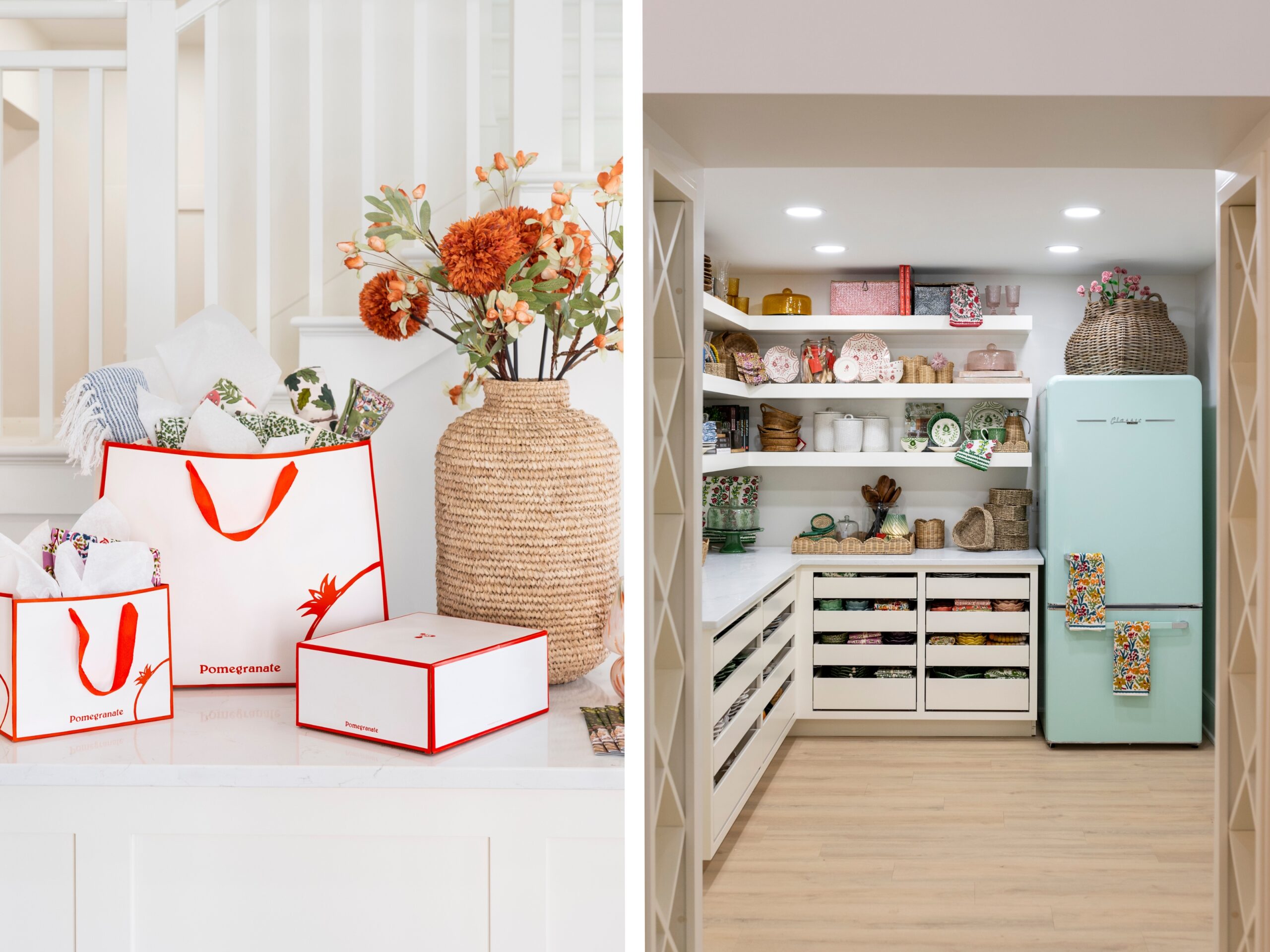 Luxury gift bags from Pomegranate next to a vase of flowers, and a store room holding tableware and a pretty retro blur fridge.