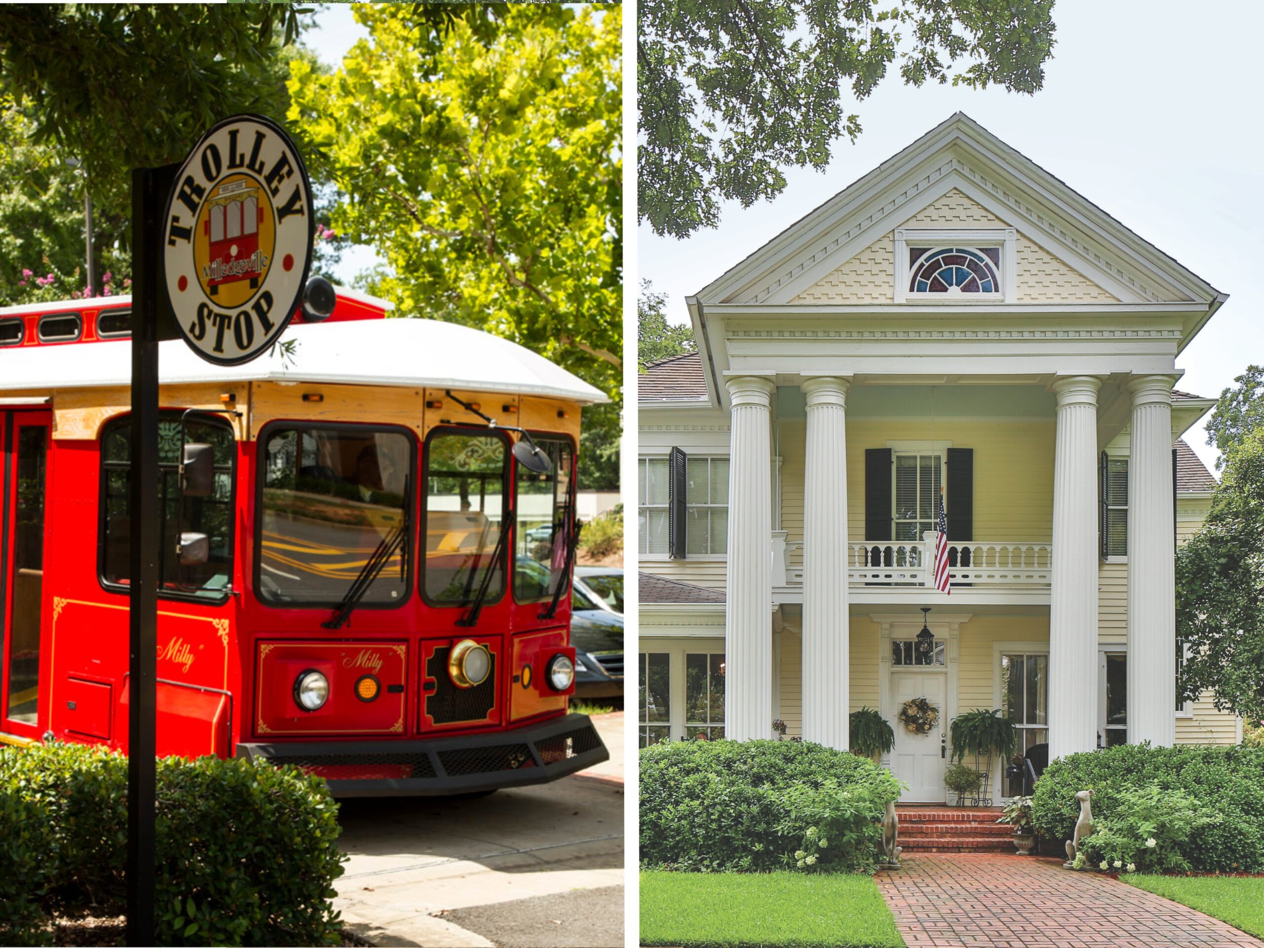 A trolley and a grand Greek Revival manor in Milledgeville, Georgia.