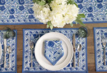 Peek Inside Pomegranate’s Colorful New Store in Lexington, Kentucky blue and white table setting