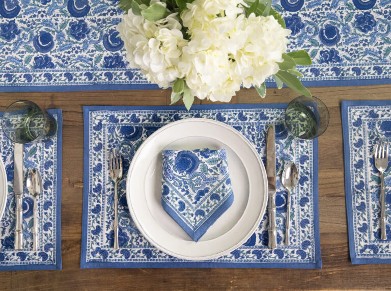 blue and white table setting