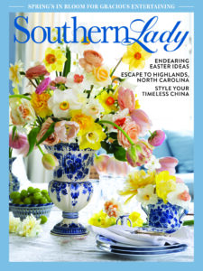 The cover of Southern Lady's March/April 2025 issue with daffodil arrangements in blue and white vases.