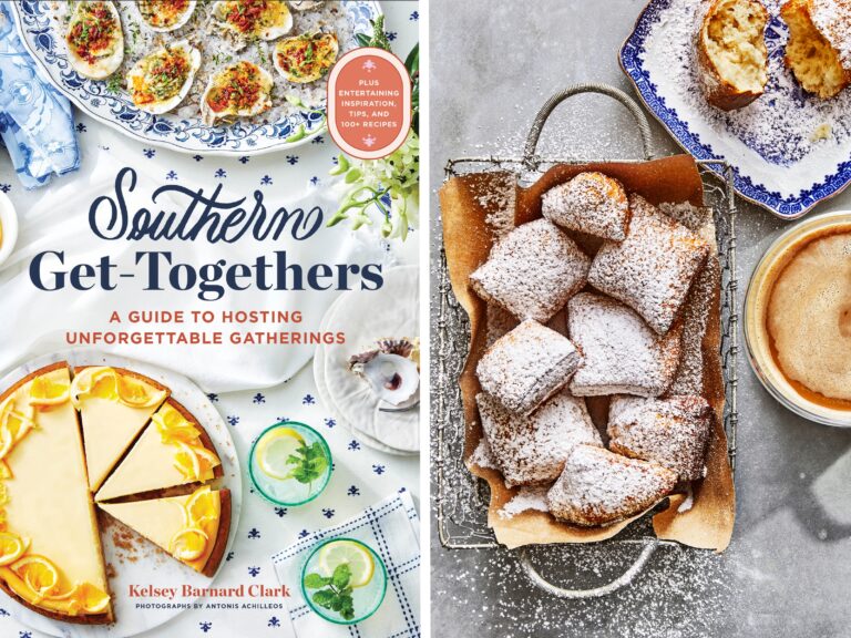 The cover of Southern Get Togethers and a plate of beignets.