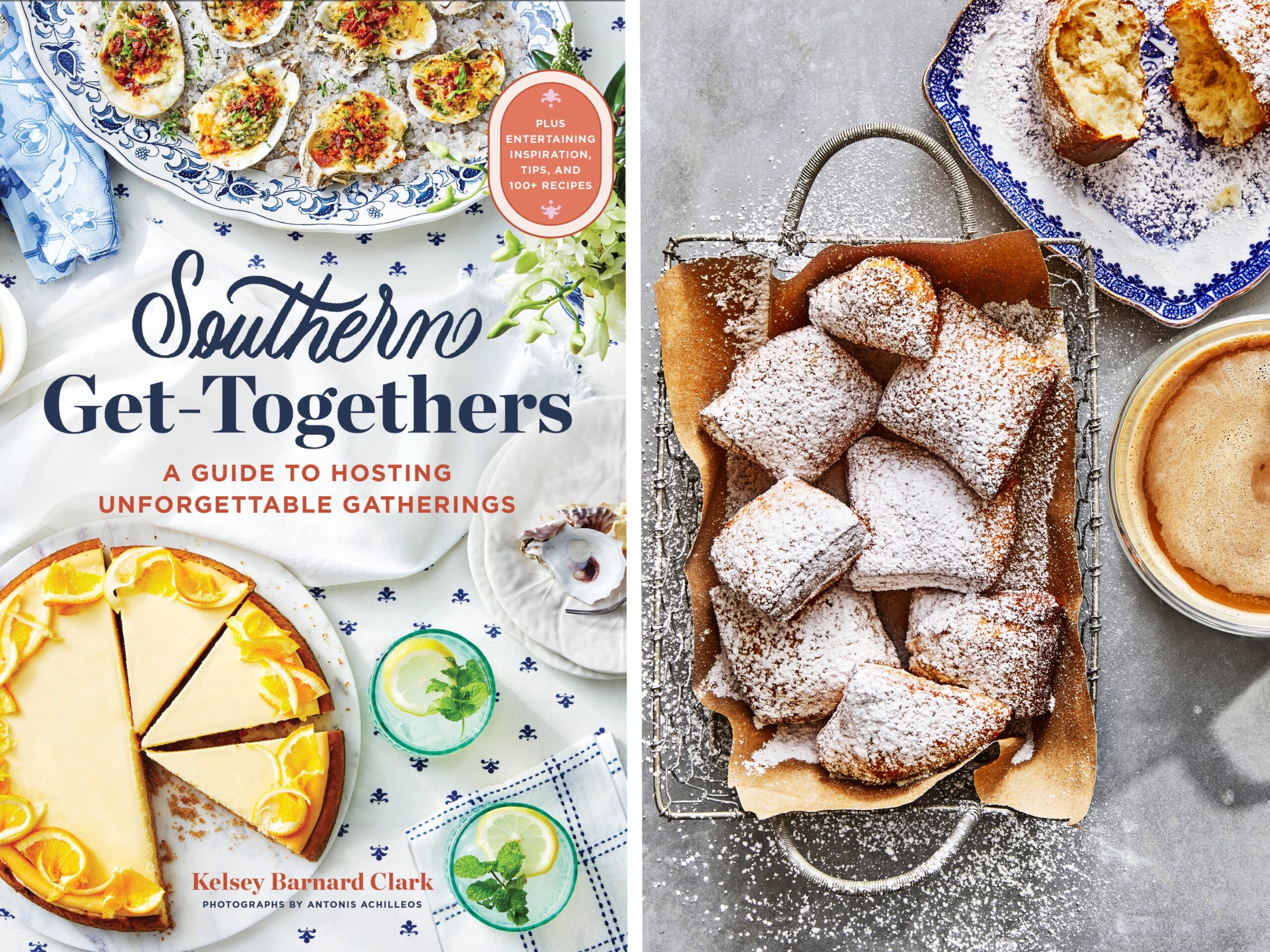 The cover of Southern Get Togethers and a plate of beignets.