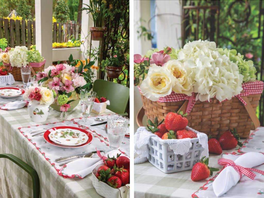 An alfresco strawberry-themed tablescape, and a vintage picnic basket filled with hydrangea and other flowers near a basket of strawberries.