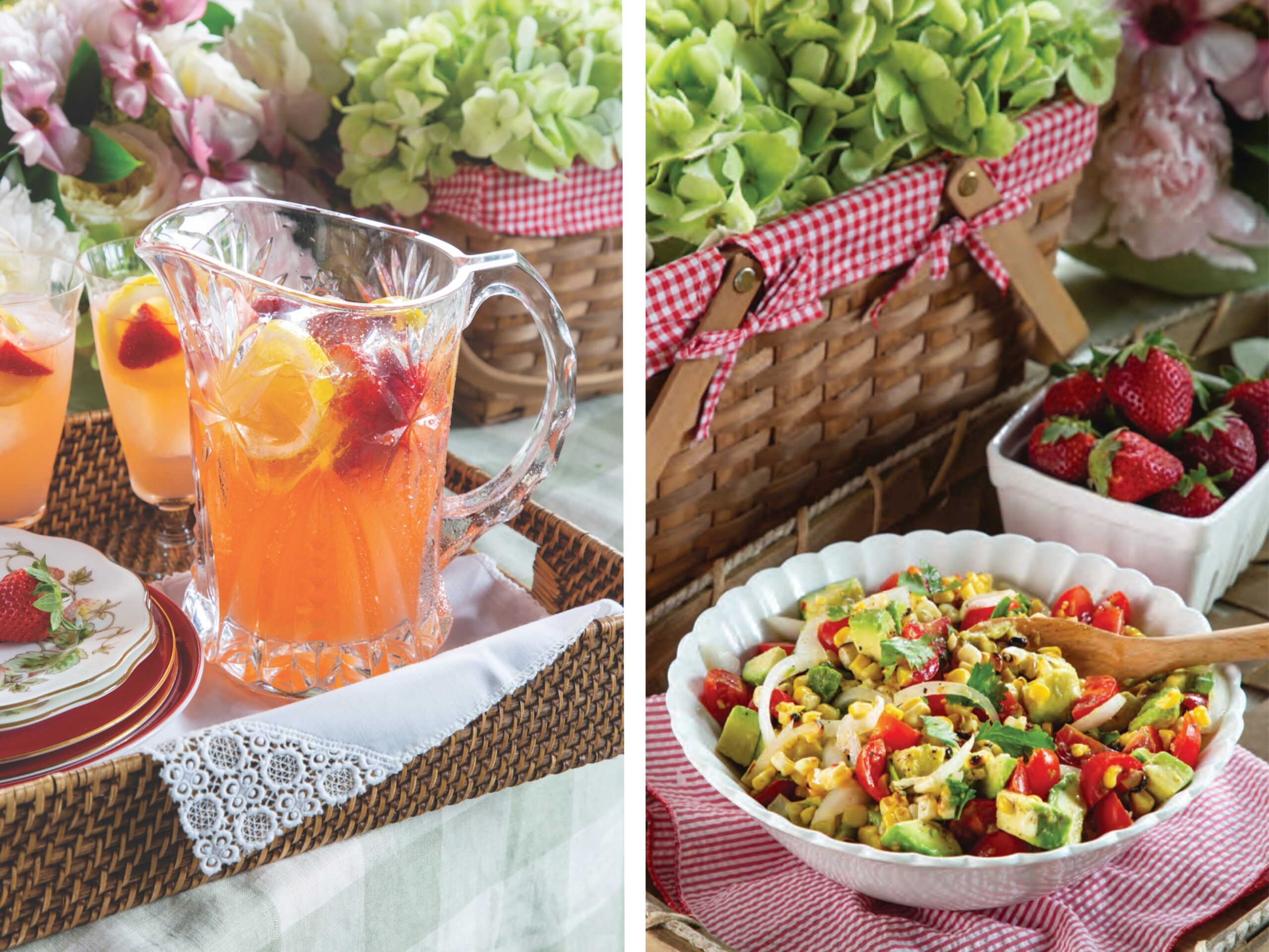 Strawberry Lemonade in a pitcher and Grilled Corn, Avocado, and Tomato Salad in a bowl.