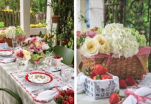 Host an Alfresco Strawberry Party After a Day in the Fields An alfresco strawberry-themed tablescape, and a vintage picnic basket filled with hydrangea and other flowers near a basket of strawberries.