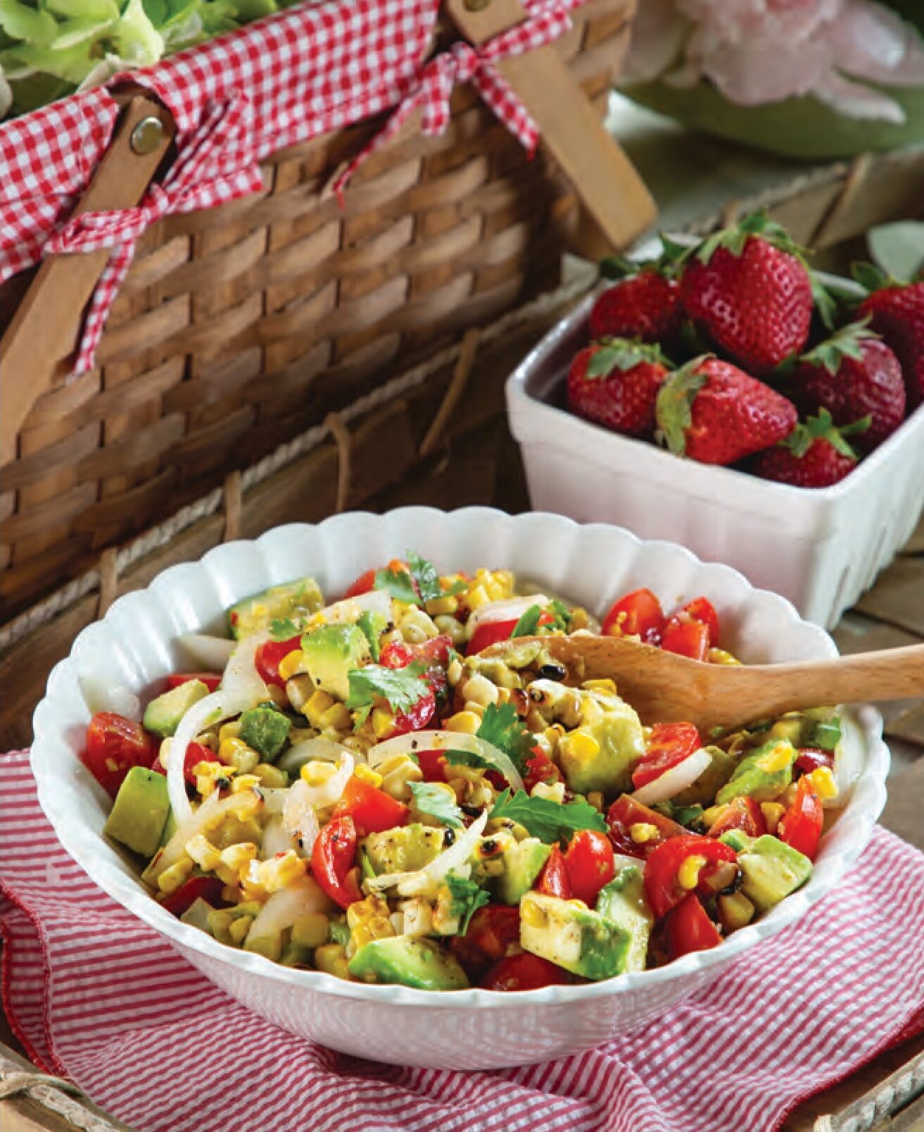 Grilled Corn, Avocado, and Tomato Salad in a bowl.