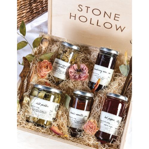 Stone Hollow Farmstead Gift box with assorted jams and jellies.