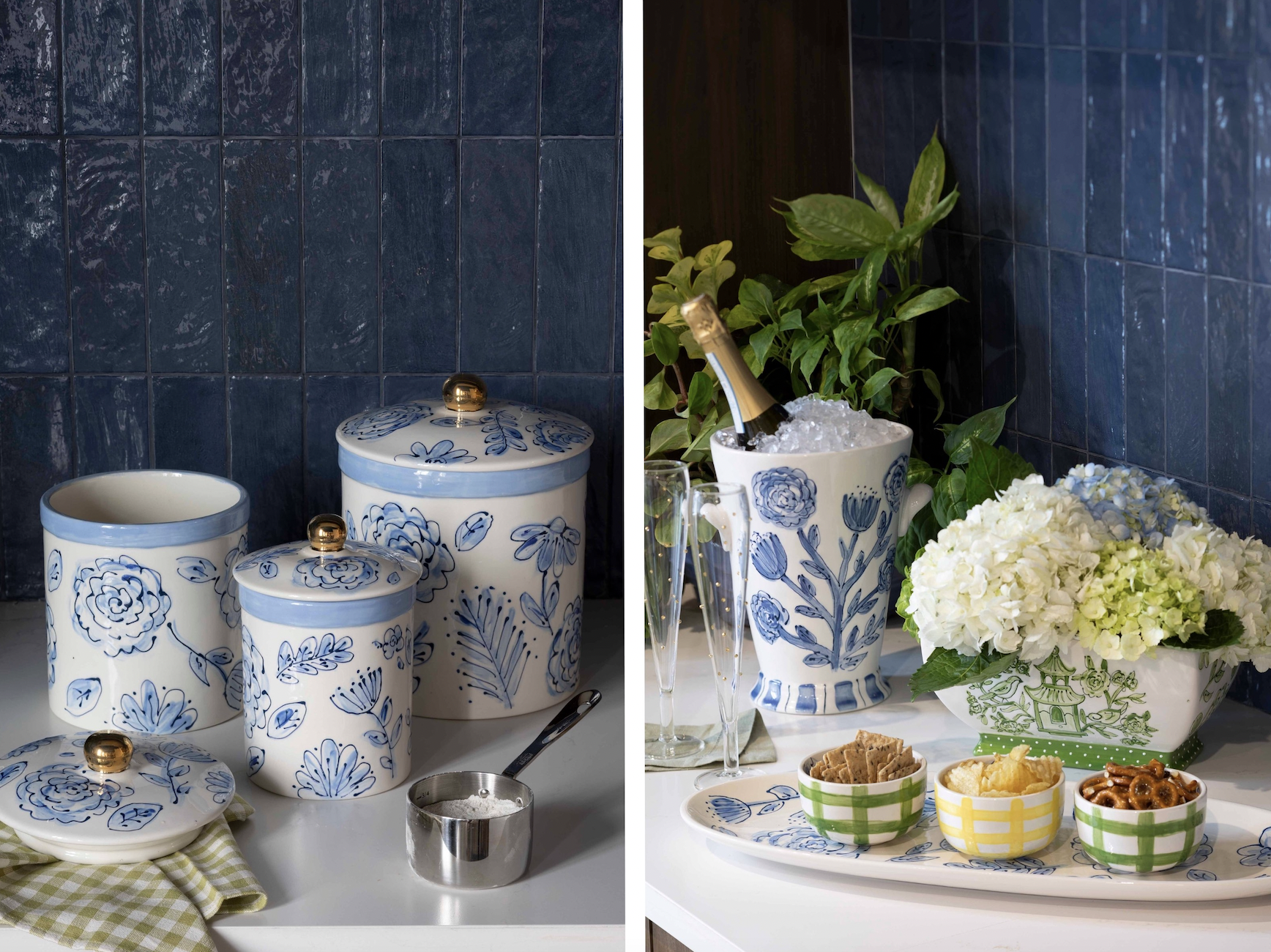 Blue and white pottery pieces from For Pete's Sake Pottery, including a wine cooler, a vase, and snack dishes.