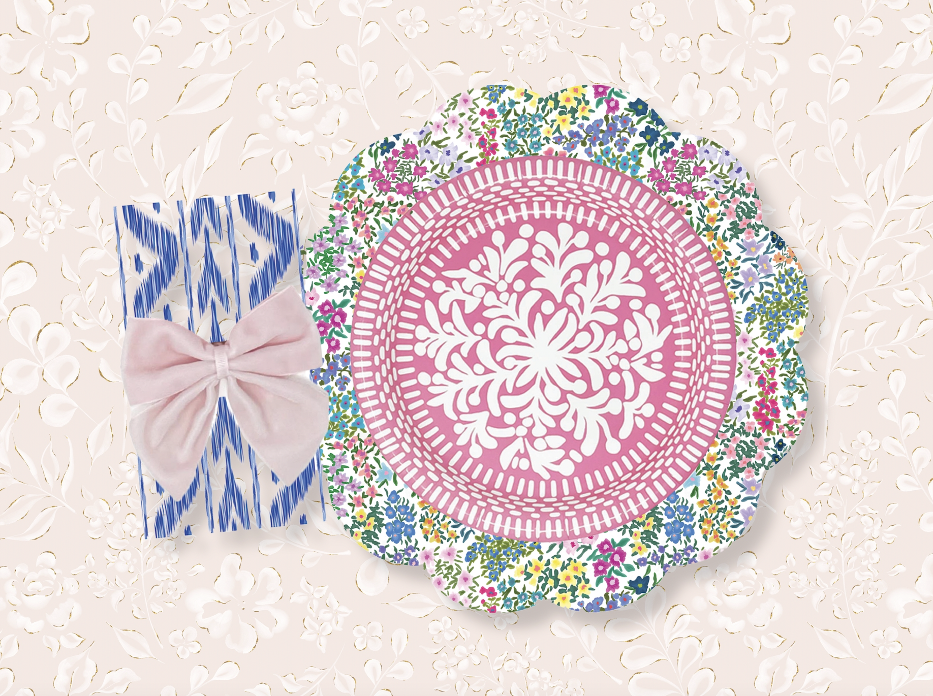 Lucy Grymes Spring Blooms Scalloped Paper Placemats, Pink Heavy-Duty Paper Plates Blue Ikat Paper Dinner Napkins/Guest Towels, and Light Pink Bow Napkin Ties.