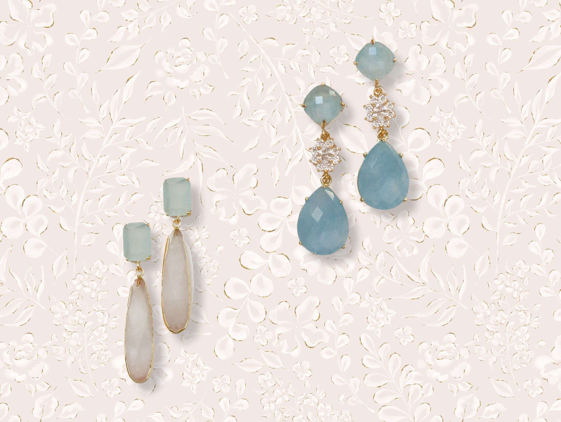 Vivian Drew Statement Blue Glitzy Drop earrings and Square Blue + White Quartz Drop earrings.