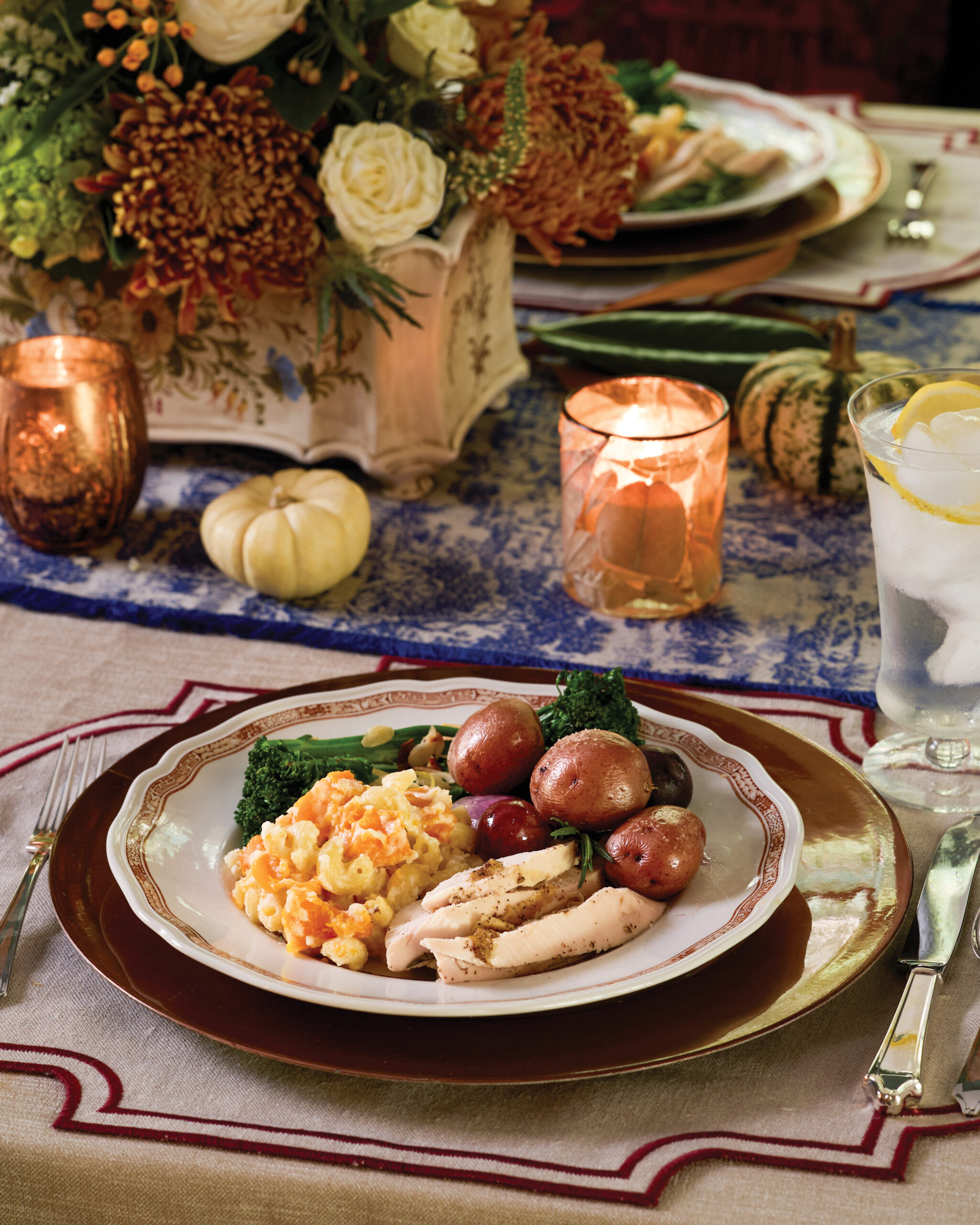 Plate of chicken, potatoes, and mac-n-cheese