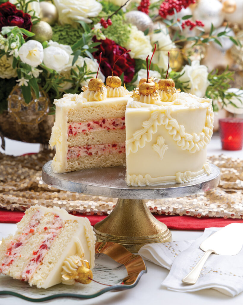 Cherry pecan cake on stand 