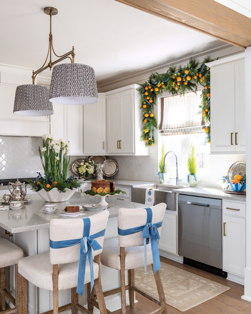 Kitchen with greenery and blue bow accents