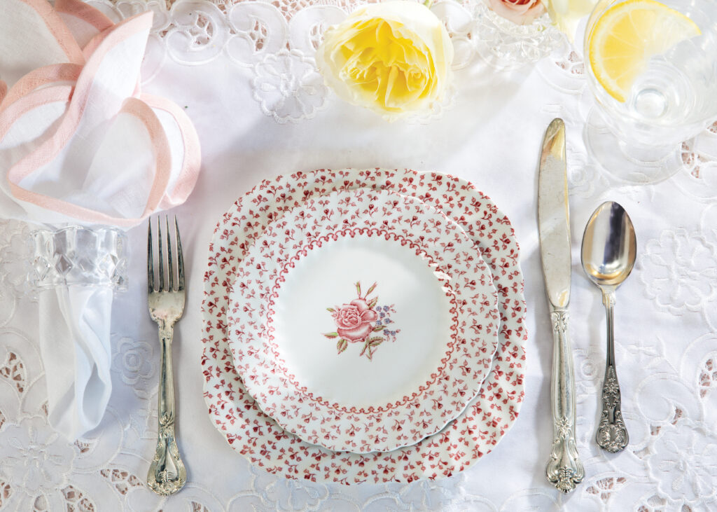 Pink and white place setting 
