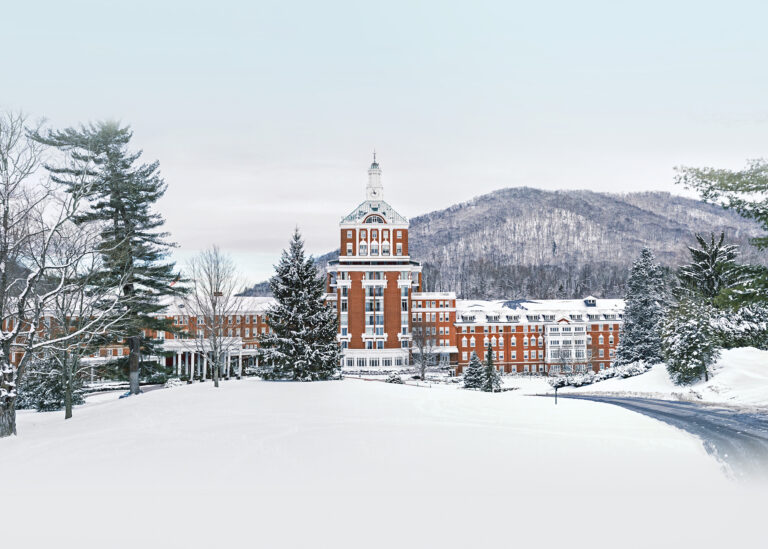 Snowy landscape with Omni Homestead hotel