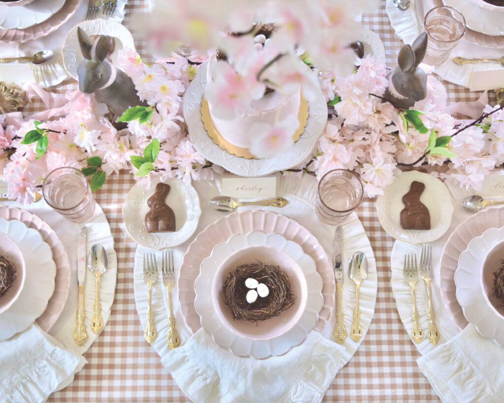 An overhead look at a pink tablescape.