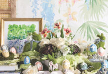 A Classic Clutch: Artfully Inspired Easter Eggs A colorful display of pink, blue, and yellow Wedgwood-inspired eggs with books, paintings, and ribbons around them.
