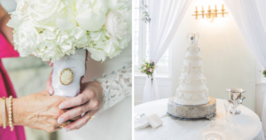 Left photo, the bride's grandmother's cameo sits on her wedding bouquet. Right photo, a vintage cake topper sits atop the wedding cake.