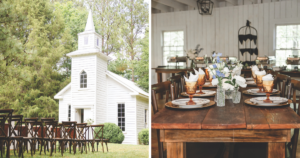 Left photo, a white church with wooden chairs set in front for a wedding ceremony. Right photo, a wooden table set for the reception dinner.