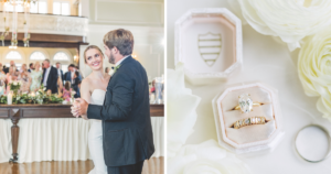 Left photo, the bride and groom dance their first dance. Right photo, the bride and grooms rings.