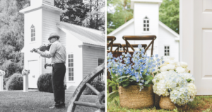 Left photo, a musician playing the violin for the wedding ceremony. Right photo, blue and white flowers in woven baskets in front of the wedding church.