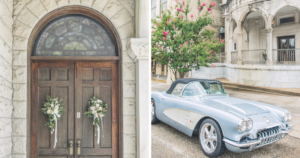 Left photo, wooden doors to a church adorned with floral hangers. A baby blue Corvette parked outside the reception venue.