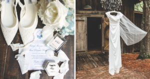 Left photo, a detail photo of the bride's shoes, perfume, rings, and wedding invitation. Right photo, the bride's wedding dress hanging with the veil waving in the wind.