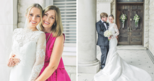 Left photo, the bride and her mother posing. Right photo, the bride and groom posing in front of church doors.