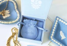 Something Blue: Vintage Jewelry Inspired by Beloved Family Blue jewelry box open to reveal a small blue pouch from Charm Lane collection, surrounded by gold chains and pastel blue beads.