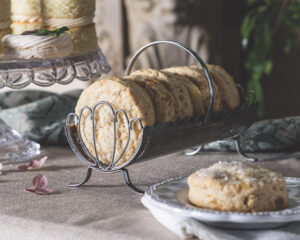 Pineapple Flower Scones in a silver serving tray.