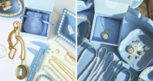 Two images side by side of blue jewelry packaging, necklaces, charms, and jasperware dishes.