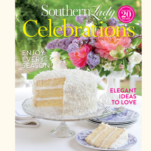 Southern Lady Celebrations magazine cover with a white coconut cake on a glass stand and a colorful flower bouquet in the background; phrases include Elegant Ideas to Love and Enjoy Every Season.