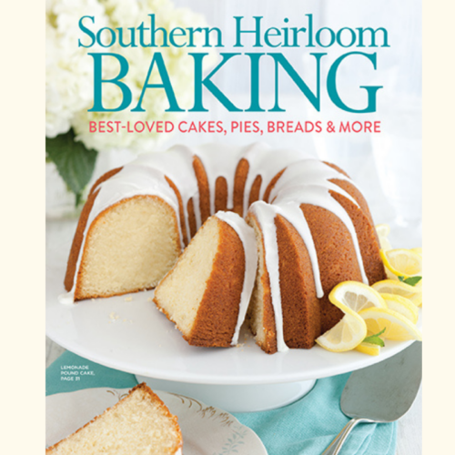 Book cover for Southern Heirloom Baking showing a sliced lemon bundt cake with glaze on a pedestal, teal title text and red subtitle