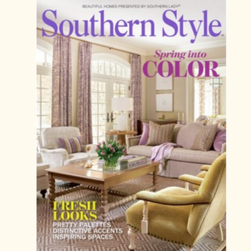 Southern Style magazine cover showing a sunlit living room with lavender and beige textiles, a wooden coffee table, and a yellow chair; headline reads 'Spring into Color'.