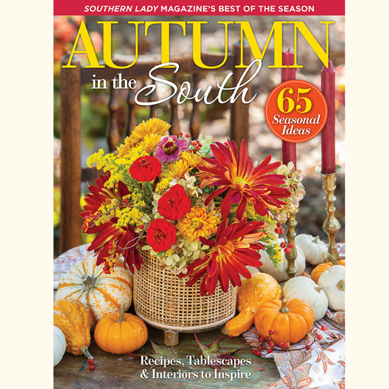 Magazine cover: Autumn in the South with a bright bouquet in a wicker basket surrounded by pumpkins and candles; badge reads '65 Seasonal Ideas' and subtitle 'Recipes, Tablescapes & Interiors to Inspire'