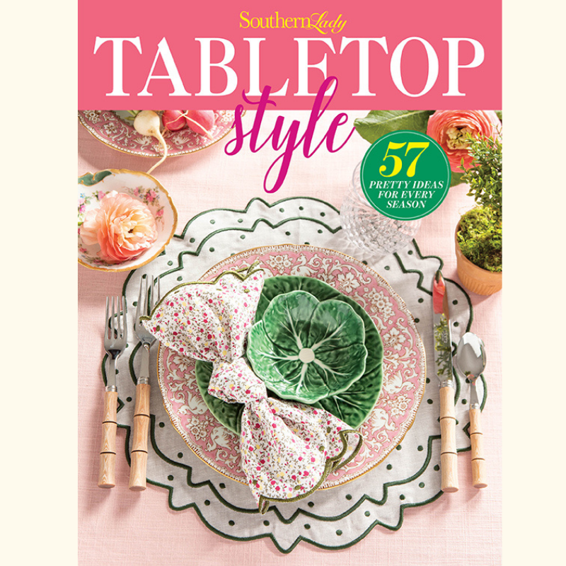 Southern Lady magazine cover: a pink tabletop setting with a patterned pink plate, leafy napkin, and wooden-handled cutlery, under the 'TABLETOP style' headline.