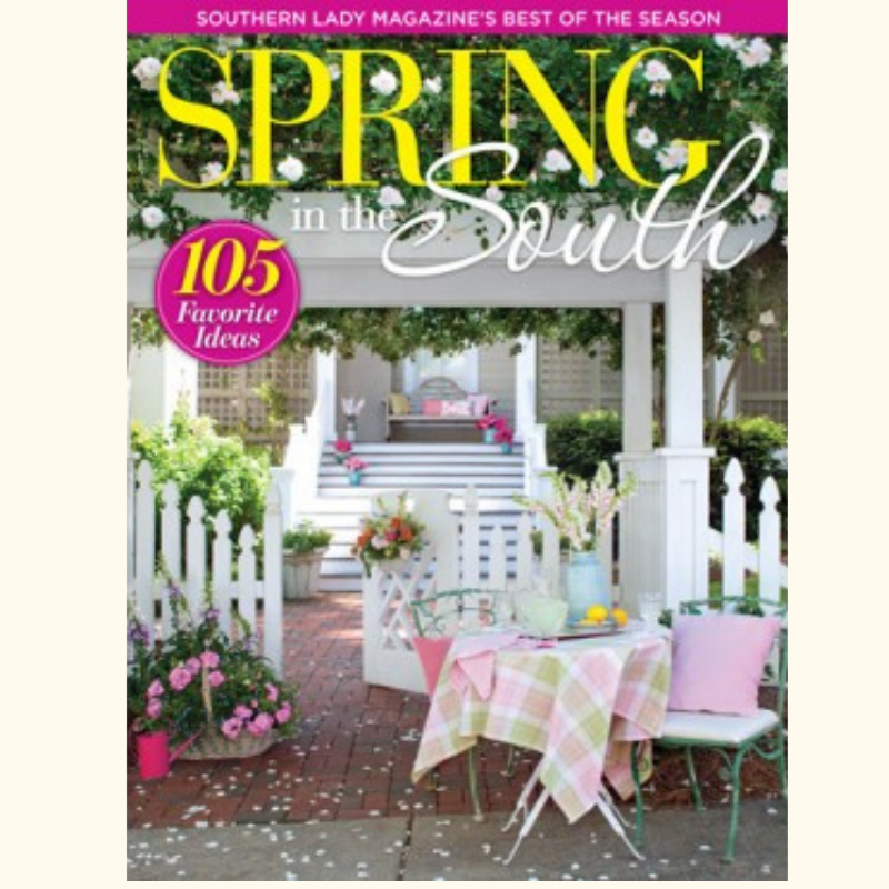 Cover of Spring in the South magazine featuring a pastel outdoor porch table setting with pink accents and a 105 Favorite Ideas badge.