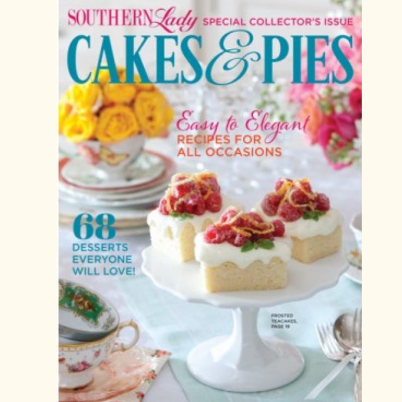 Cover of Southern Lady magazine titled 'Cakes & Pies' with berry-topped mini cakes on a white pedestal; includes taglines 'Easy to Elegant Recipes for All Occasions' and '68 Desserts Everyone Will Love!'