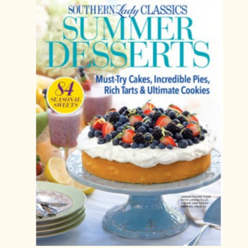 Cover of Southern Lady Classics: Summer Desserts, showing a blueberry-topped cake on a blue pedestal with lemons and a pink dessert in the background.