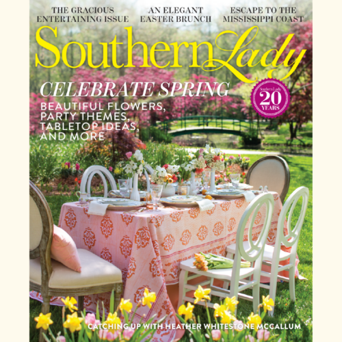 Magazine cover: outdoor spring luncheon table set on a garden lawn with a pink patterned tablecloth and floral centerpiece, bright yellow 'Southern Lady' branding above.