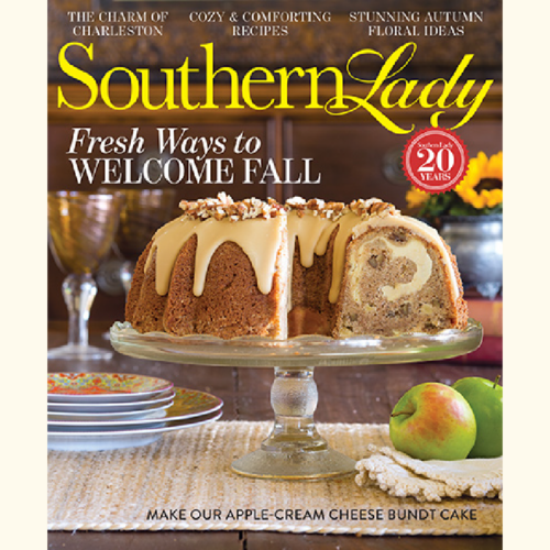 Cover of Southern Lady magazine featuring a sliced apple-cake on a glass pedestal with Fall theme and 'Fresh Ways to Welcome Fall' tagline