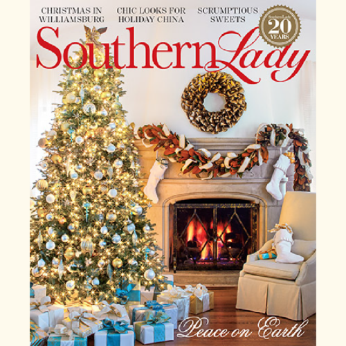 Cover image: Christmas tree and fireplace scene with wrapped gifts, featured on Southern Lady magazine; festive, cozy holiday mood.