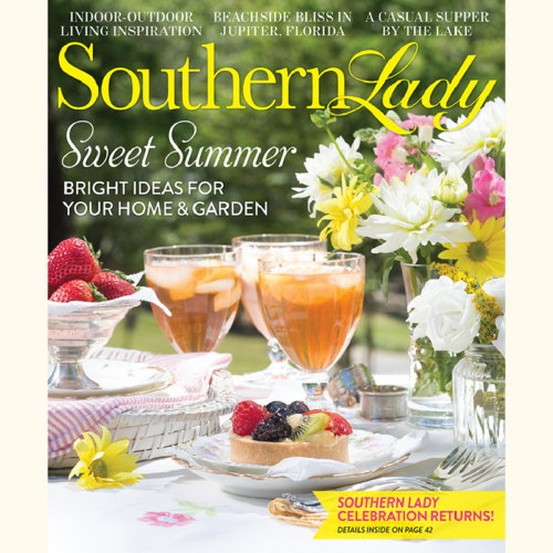 Southern Lady magazine cover showing a summer table with iced drinks, a fruit tart, and a bright flower arrangement, conveying a sweet summer home-and-garden vibe.