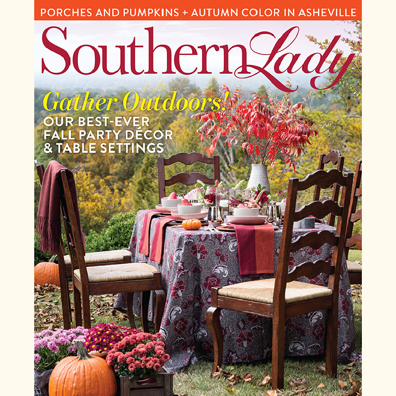 Magazine cover for Southern Lady showing an autumn outdoor dining table with pumpkins and pink flowers.