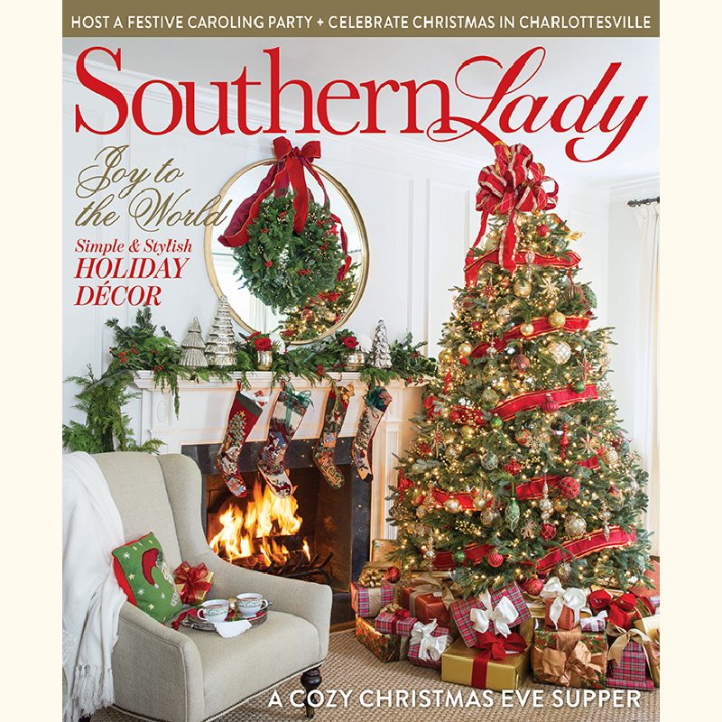 Southern Lady magazine cover: a cozy Christmas living room with a decorated tree, stockings by the fireplace, and wrapped gifts.